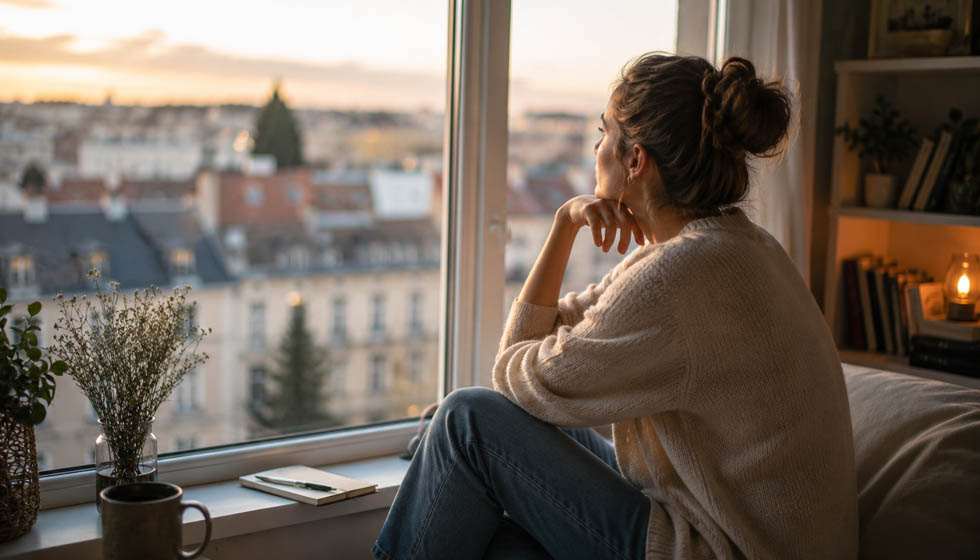 Personne assise près d'une fenêtre regardant au loin avec une expression concentrée et sereine