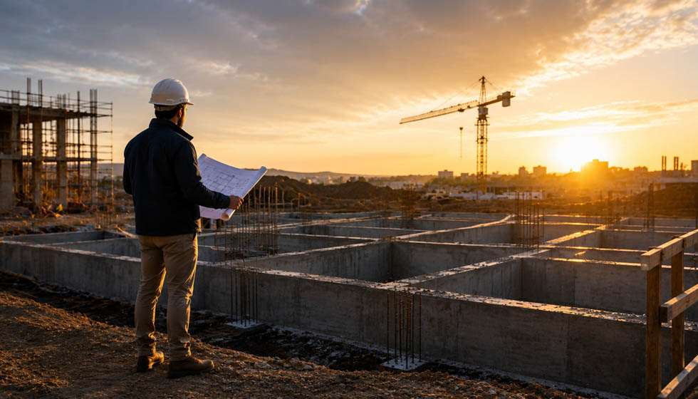 Architecte observant les fondations d'un bâtiment éclairées par le soleil levant