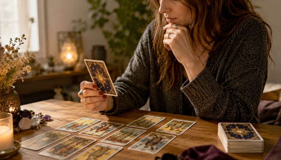 Personne observant un tirage de tarot avec réflexion