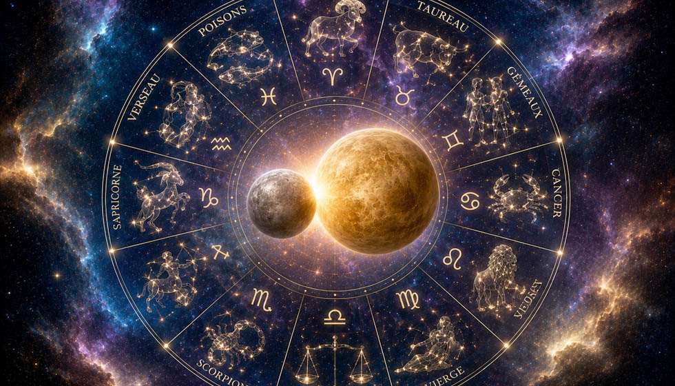 Les douze signes astrologiques autour de Mercure et Vénus dans un ciel étoilé