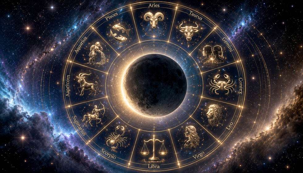 Les douze signes astrologiques autour de la Nouvelle Lune dans un ciel étoilé