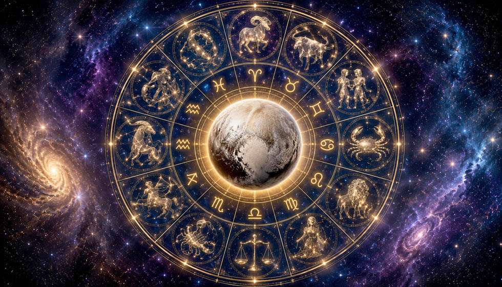 Les douze signes astrologiques autour de Pluton dans un univers étoilé