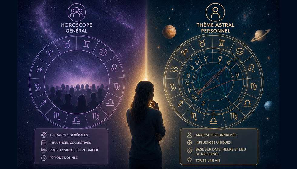 Comparaison visuelle entre un horoscope général et un thème astral personnalisé.