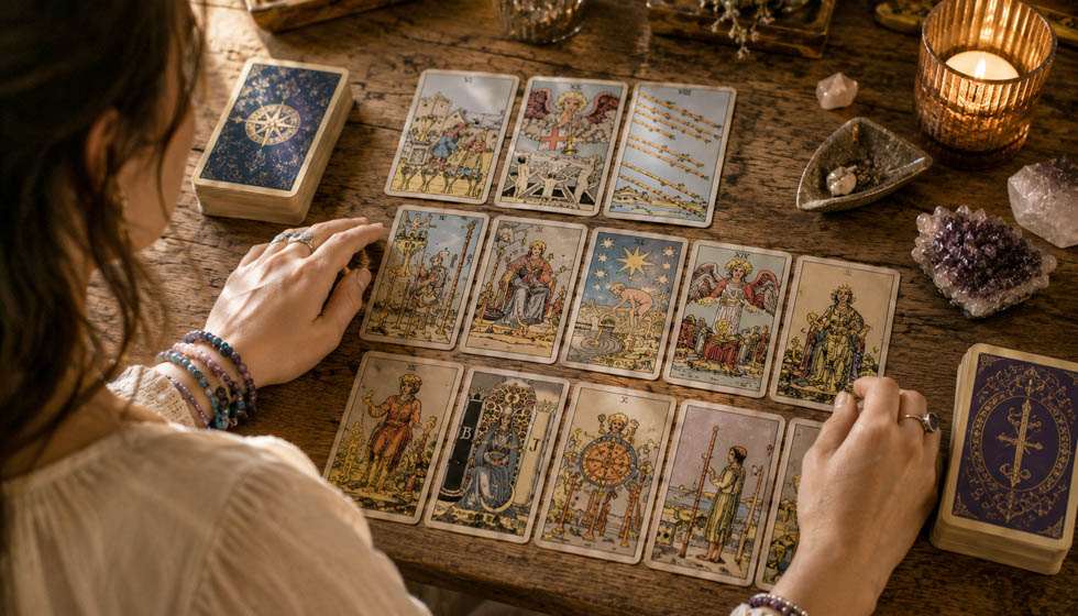 Cartomancienne observant la dynamique complète d'un tirage de tarot