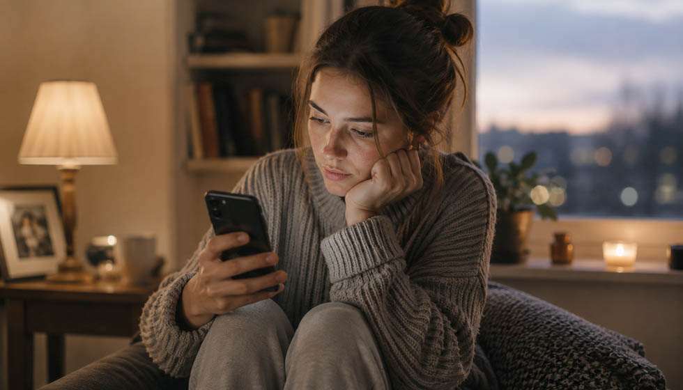 personne réfléchissant seule en regardant son téléphone avec des chiffres affichés