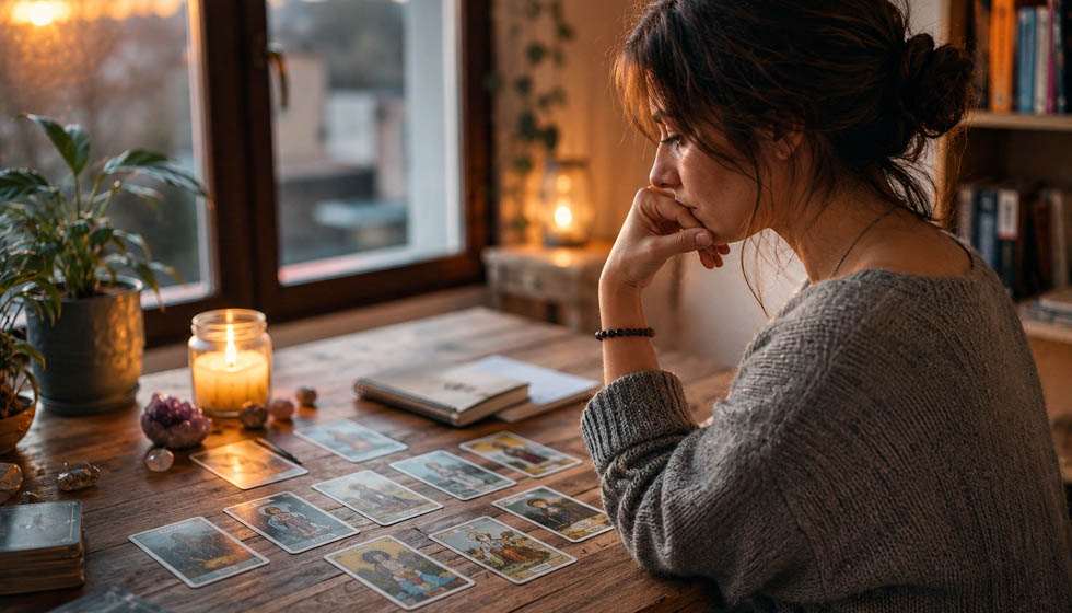 Personne réfléchissant devant un jeu de tarot après une séance de tirage