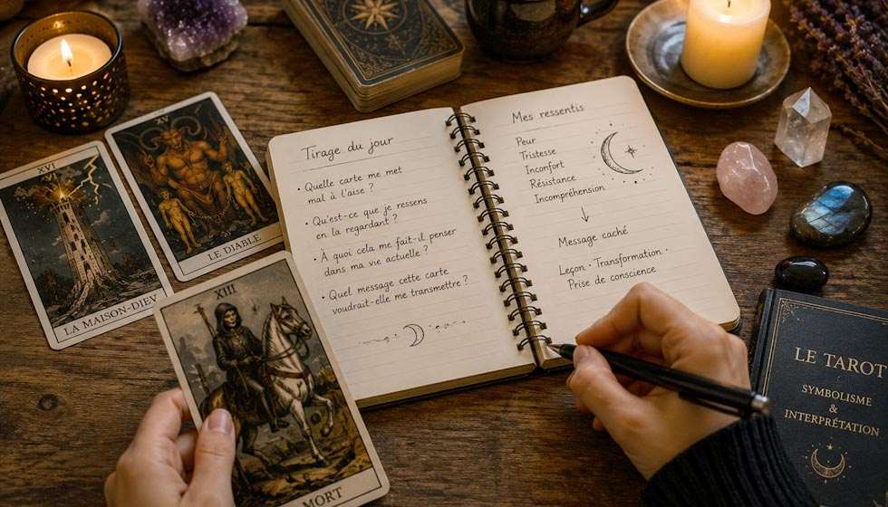 personne écrivant ses ressentis dans un carnet avec des cartes de tarot à côté