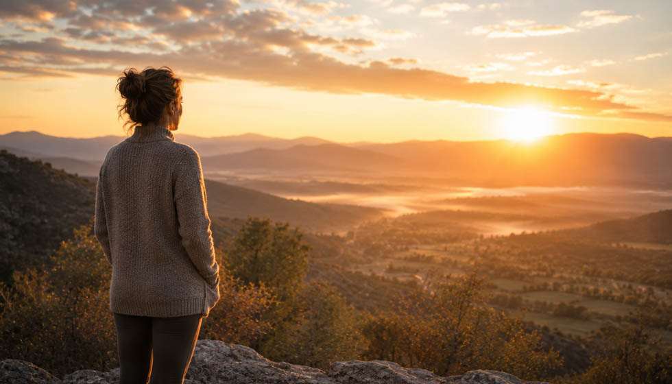 Personne regardant un paysage au lever du soleil dans un moment de réflexion silencieuse