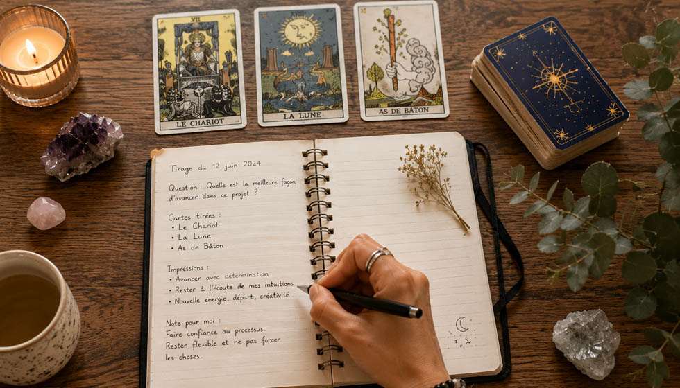 Personne prenant des notes après un tirage de tarot personnel
