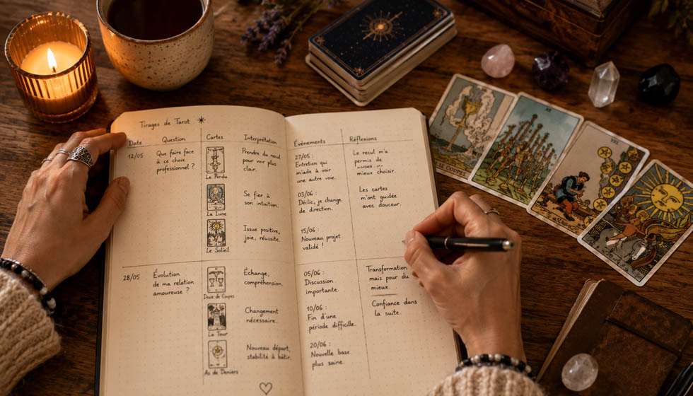 Carnet ouvert avec des notes de tirages de tarot à côté d'un jeu de cartes
