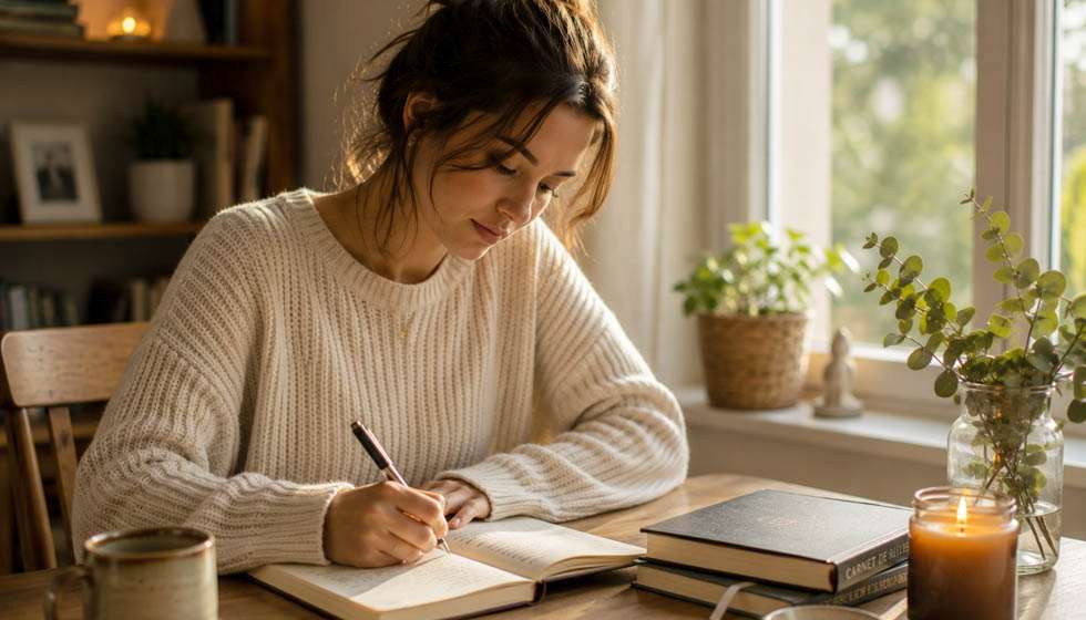 Personne écrivant dans un carnet de réflexion dans un environnement calme et lumineux