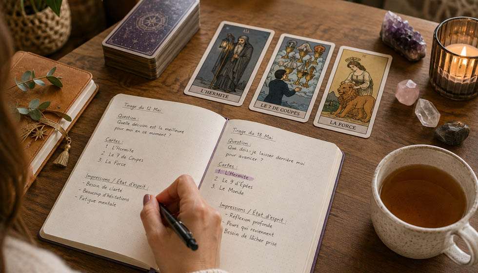 Carnet de notes ouvert à côté d'un jeu de tarot après un tirage