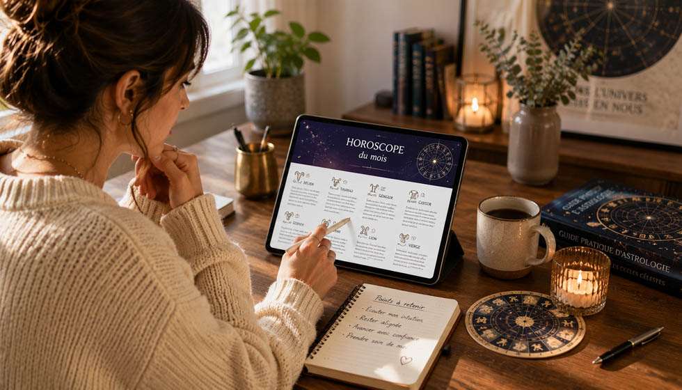 Personne lisant un horoscope dans un environnement calme et propice à la réflexion.