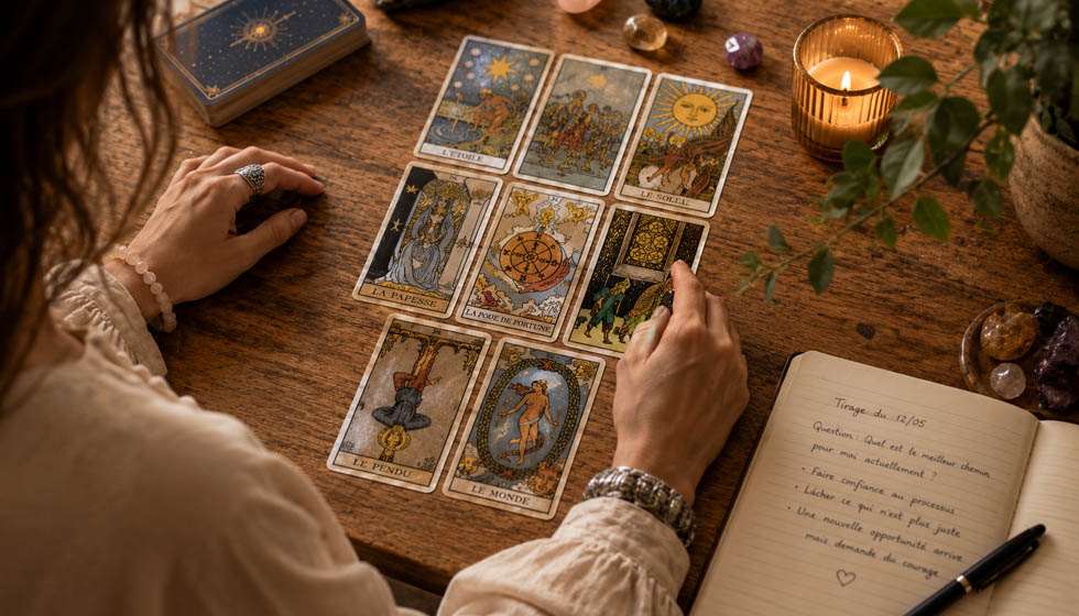 Jeu de tarot soigneusement disposé sur une table pendant une séance d'analyse