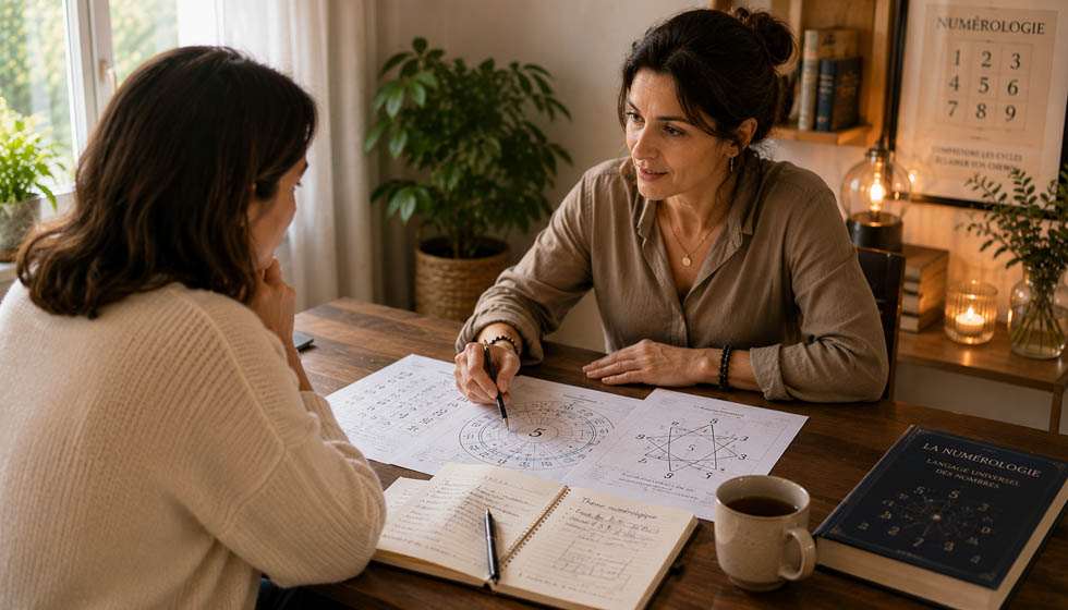 Consultation de numérologie montrant l'analyse d'un thème numérologique entre une praticienne et un consultant.