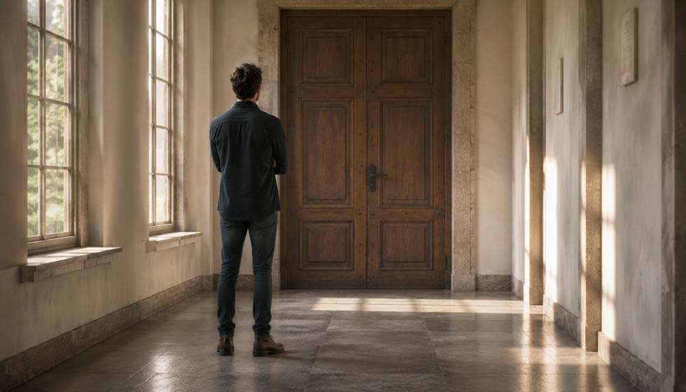 Personne arrêtée devant une grande porte fermée réfléchissant avant de poursuivre son chemin