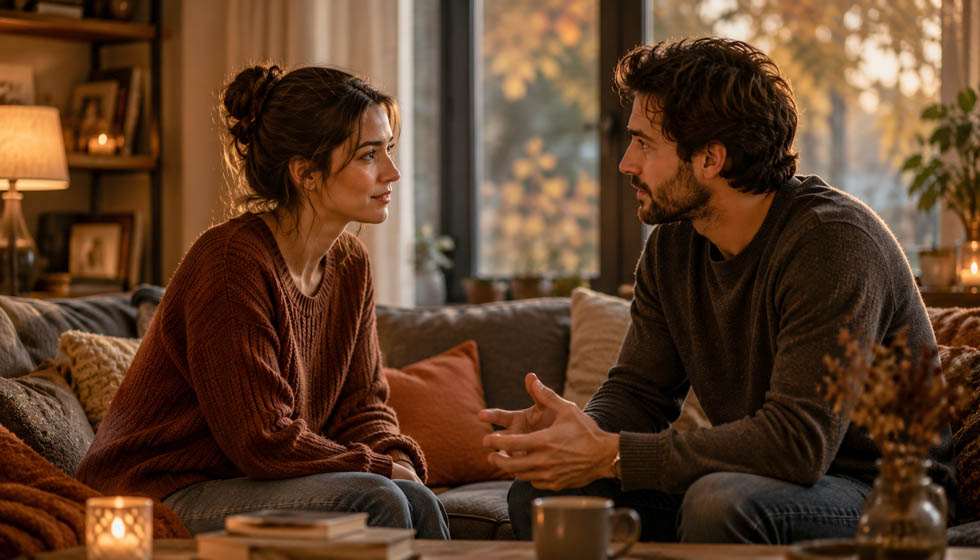 Deux adultes discutant calmement dans une ambiance automnale chaleureuse