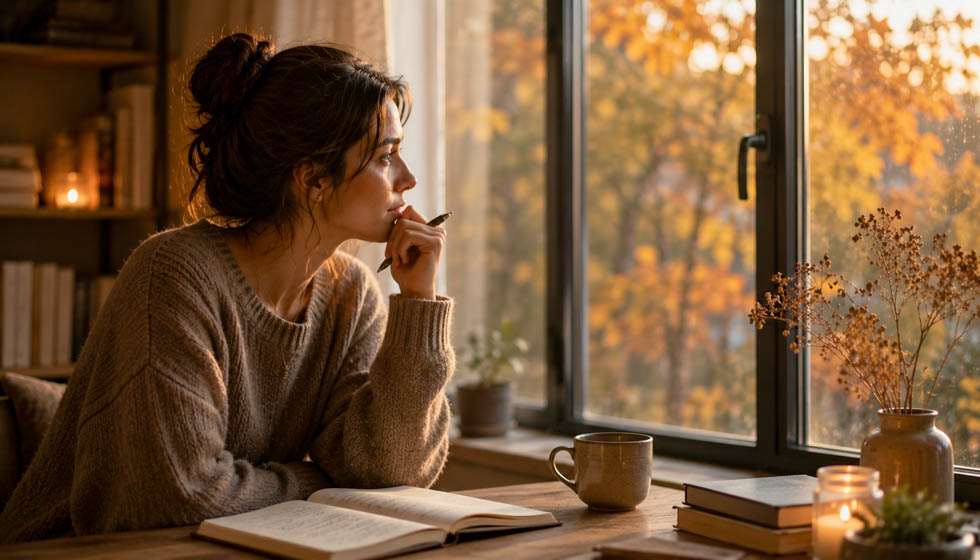 Personne réfléchissant devant un carnet ouvert près d'une fenêtre en automne