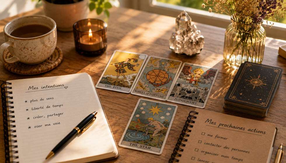 Carnet d'objectifs ouvert à côté d'un jeu de tarot sur un bureau lumineux