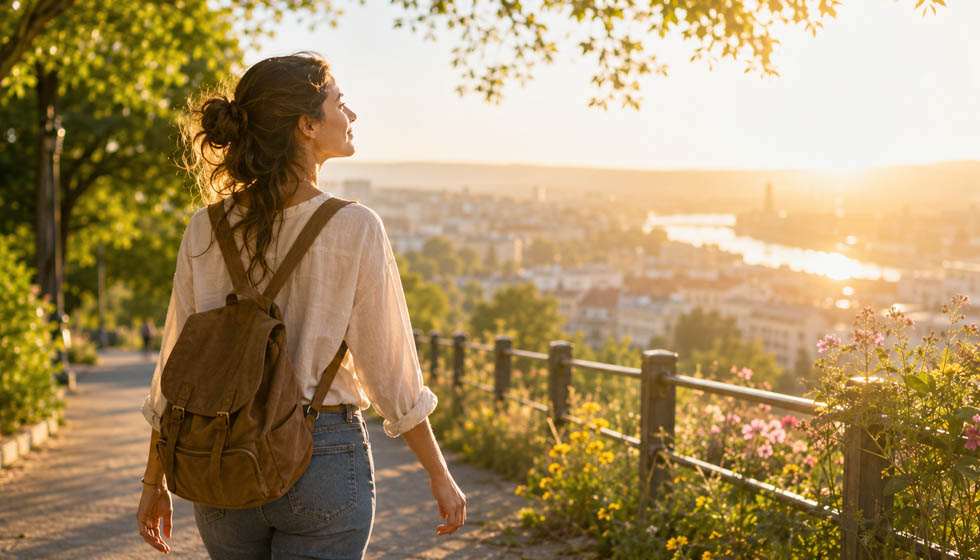 Jeune femme marchant avec confiance dans un parc baigné par la lumière du matin