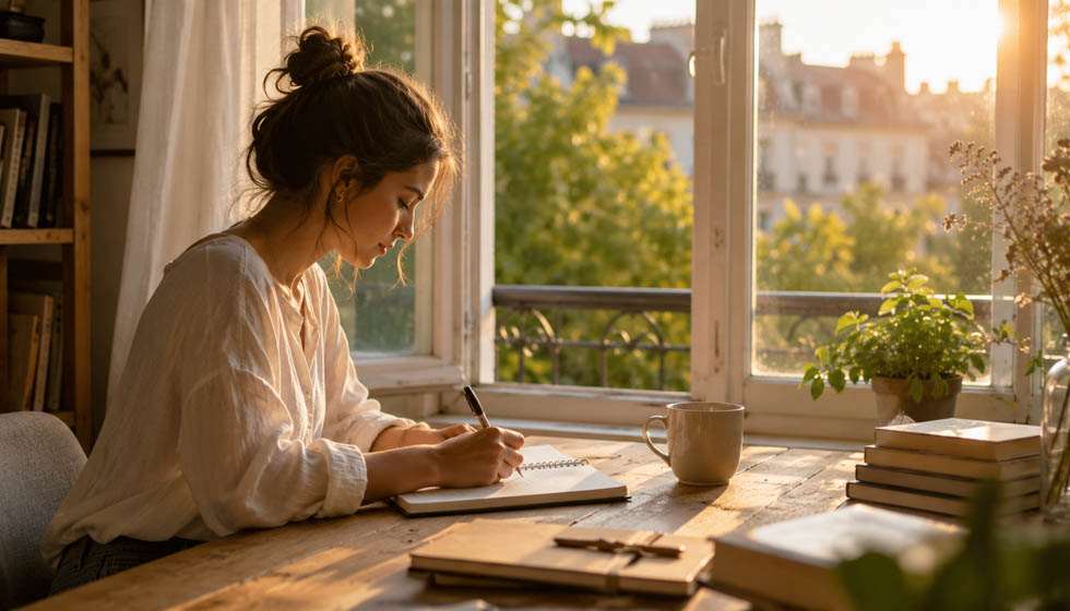 Personne écrivant dans un carnet devant une fenêtre ouverte en fin d'été