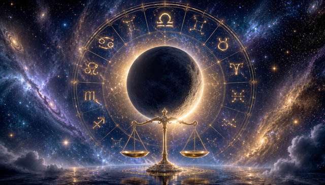 Nouvelle Lune en Balance dans un univers spatial hyperréaliste