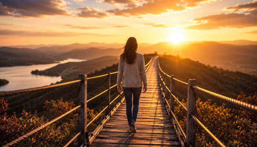 Personne avançant vers un nouvel horizon au lever du soleil