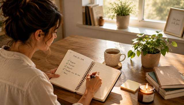 Personne cochant calmement les premières tâches d'un carnet de planification matinal