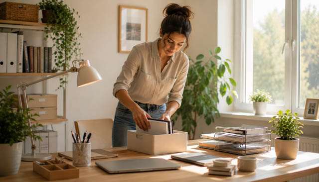 Personne rangeant calmement un bureau lumineux et épuré