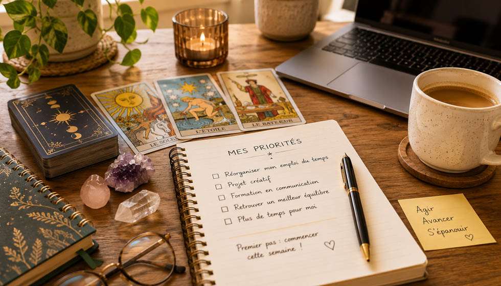 Carnet d'objectifs professionnels à côté d'un jeu de tarot