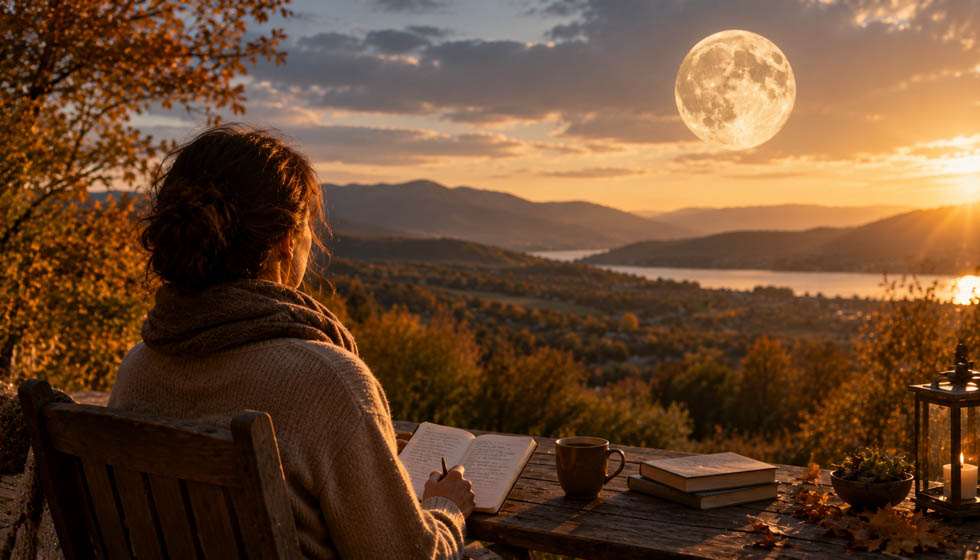 Personne observant un paysage d'automne depuis une terrasse en tenant un carnet ouvert