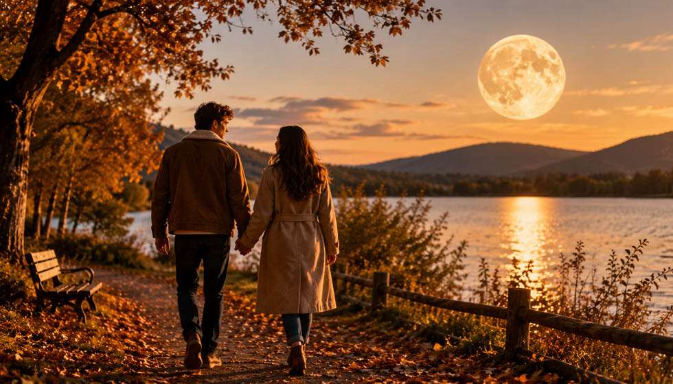 Couple marchant paisiblement dans un paysage automnal baigné par une lumière douce