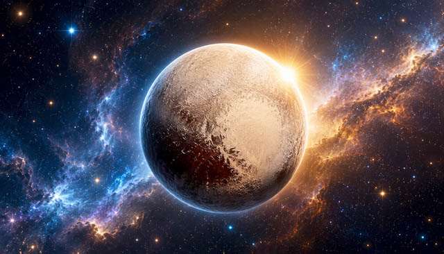 Pluton illuminé dans l'espace au moment de sa reprise en mouvement direct