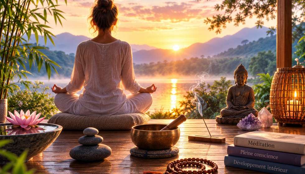 Image représentant les principales pratiques spirituelles comme la méditation, la contemplation et la recherche d'équilibre intérieur.