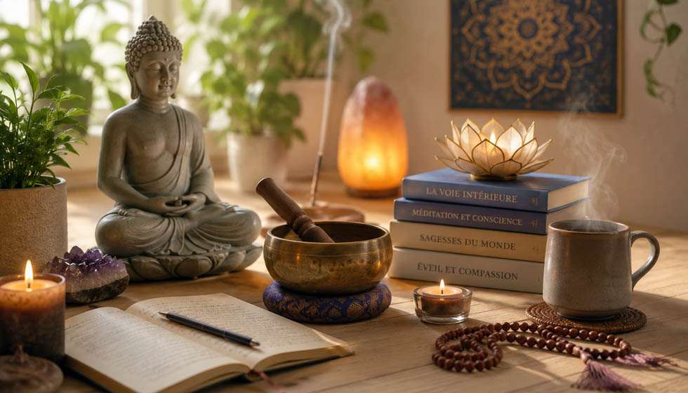 Représentation des principales pratiques spirituelles comme la méditation, la contemplation et la recherche d'équilibre intérieur.