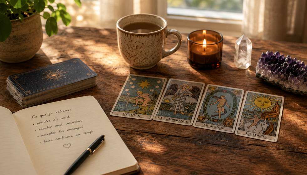 Jeu de tarot posé sur une table près d'un carnet pendant un moment de réflexion