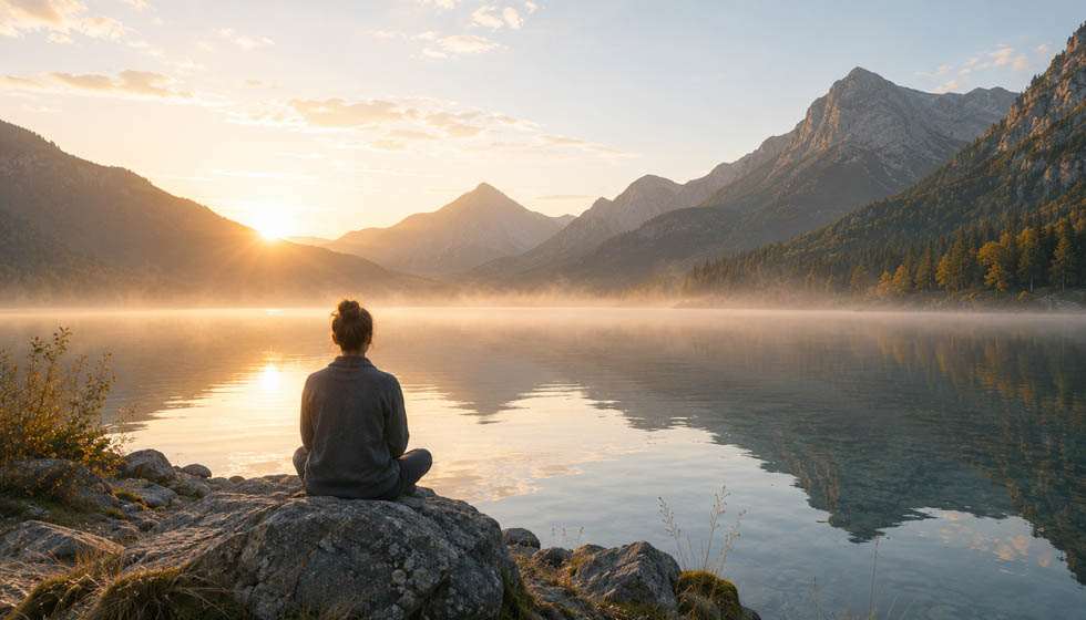 Personne contemplant un paysage naturel dans un moment de calme et de présence à soi.
