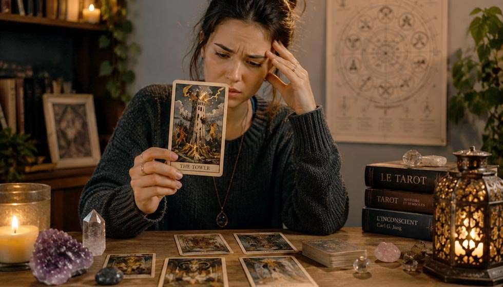 personne réfléchissant face à une carte de tarot posée devant elle