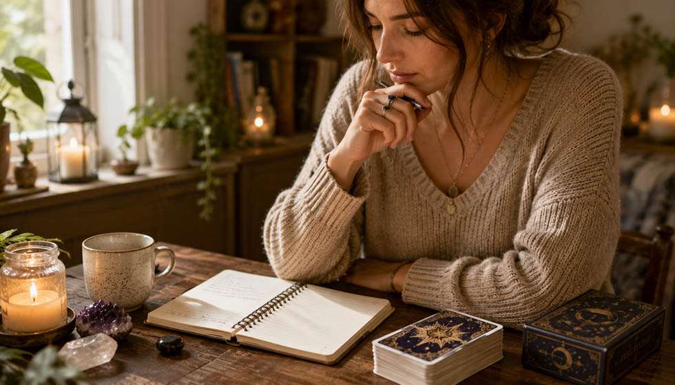 Personne assise devant un carnet et un jeu de tarot avant de refaire un tirage
