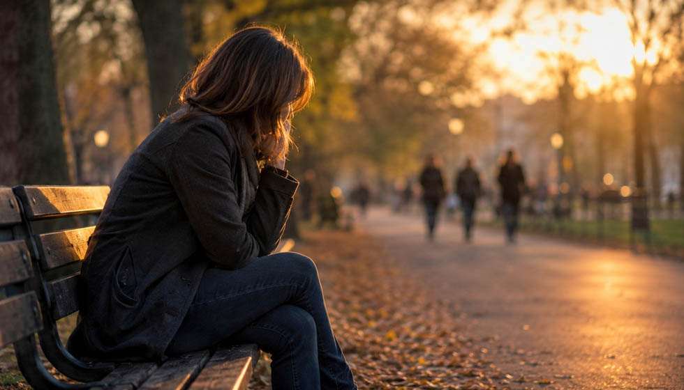 Personne seule assise sur un banc après une conversation, regard perdu, lumière douce de fin de journée