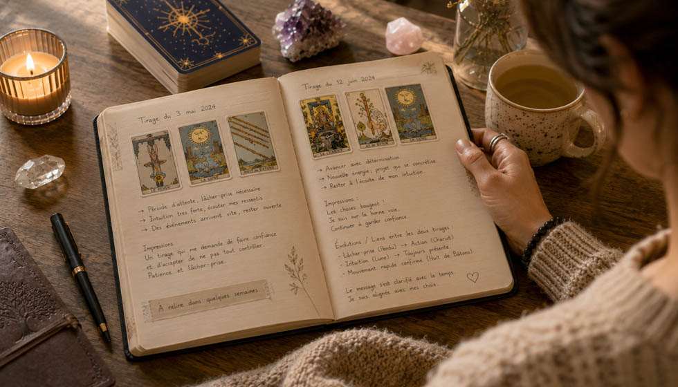 Carnet de tarot ouvert à côté d'un jeu de cartes et d'un stylo