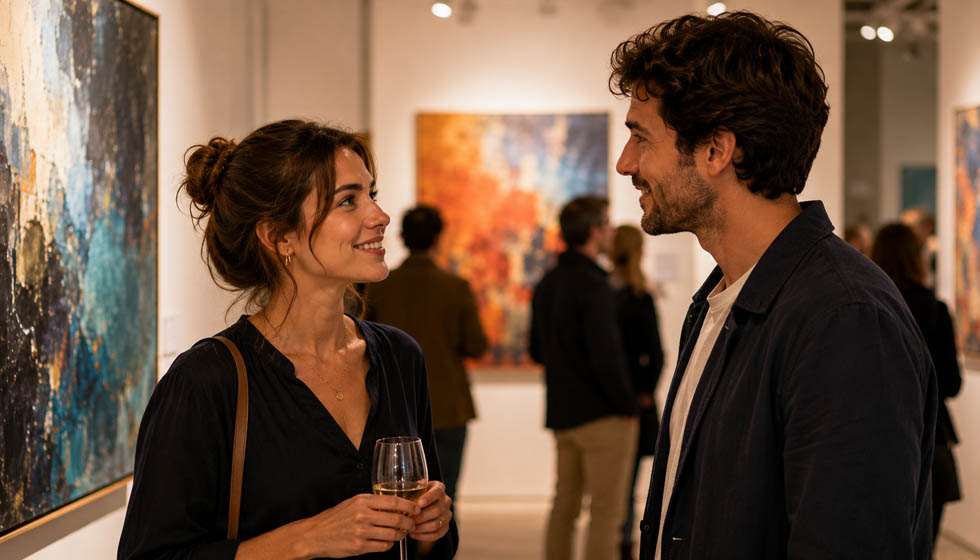 Deux inconnus échangent un sourire lors d'une exposition artistique