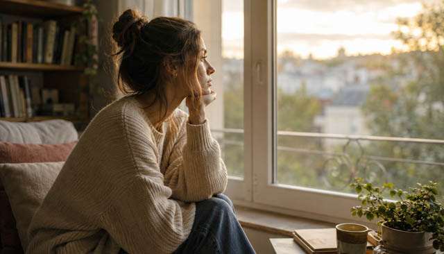 Personne regardant par une fenêtre en pensant soudainement à quelqu'un de son passé