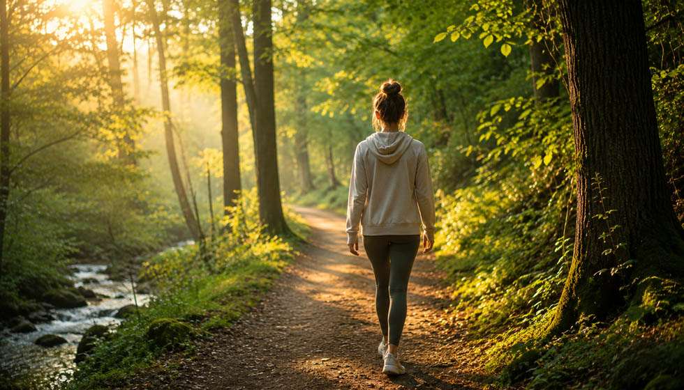 Personne marchant tranquillement dans la nature pour retrouver son équilibre émotionnel