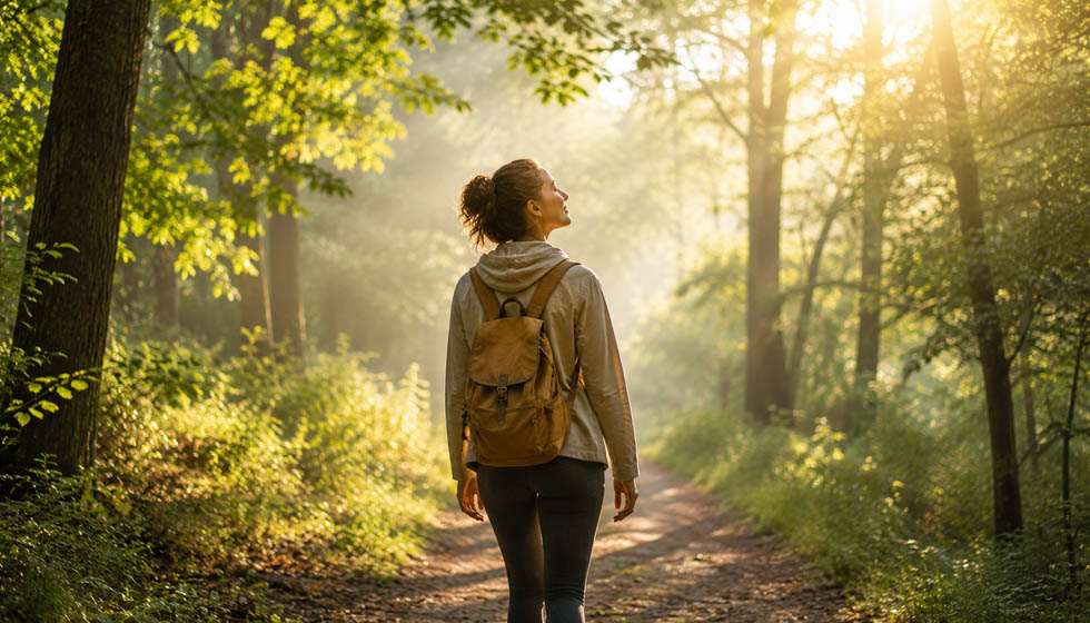 Personne marchant seule dans une forêt baignée de lumière matinale avec une expression apaisée