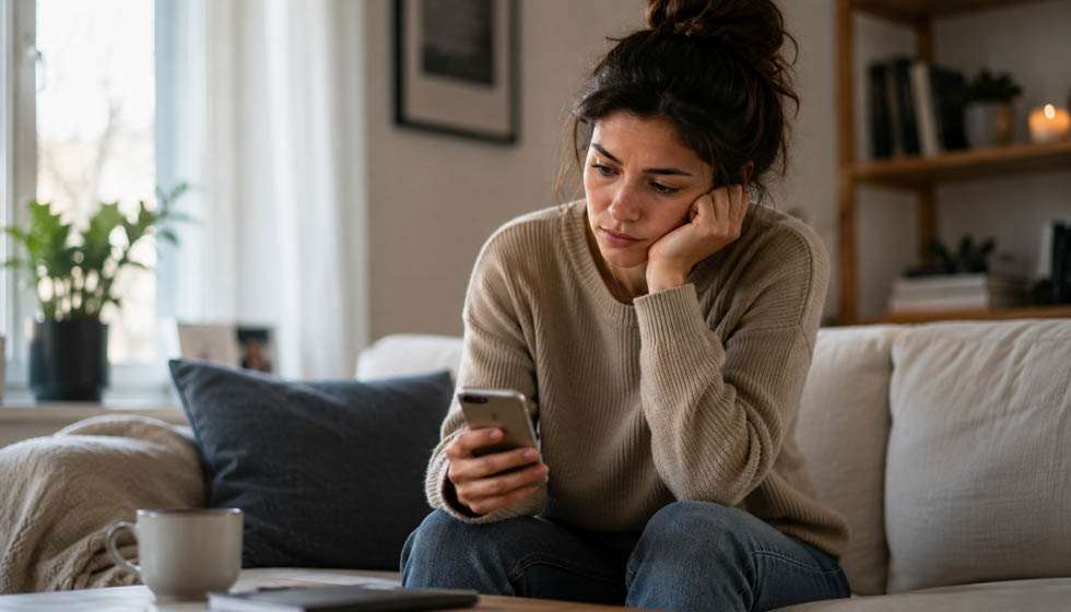 Personne regardant son téléphone sans réponse dans un salon lumineux