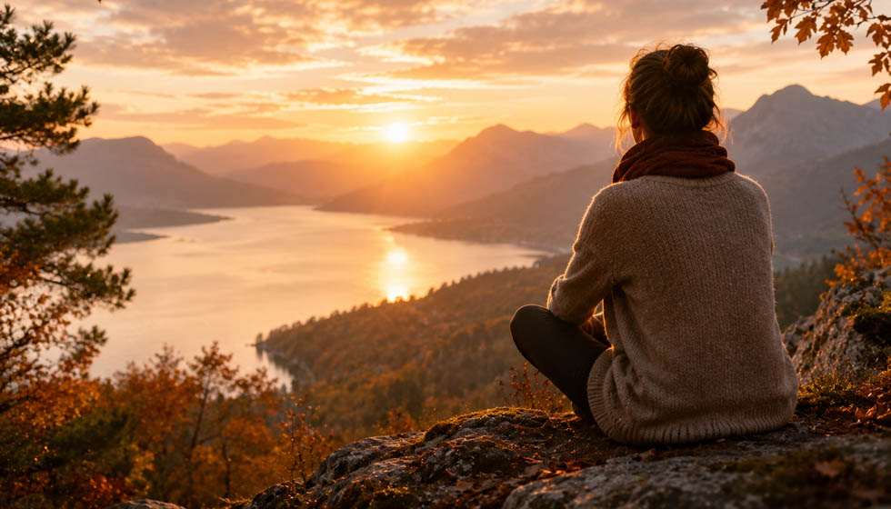 Personne contemplant un paysage automnal au lever du soleil dans une atmosphère calme