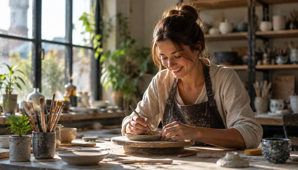 Artisane travaillant avec concentration et plaisir dans un atelier lumineux