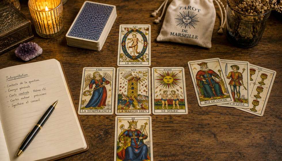 Interprétation d'un tirage du Tarot de Marseille en observant les relations entre les cartes.