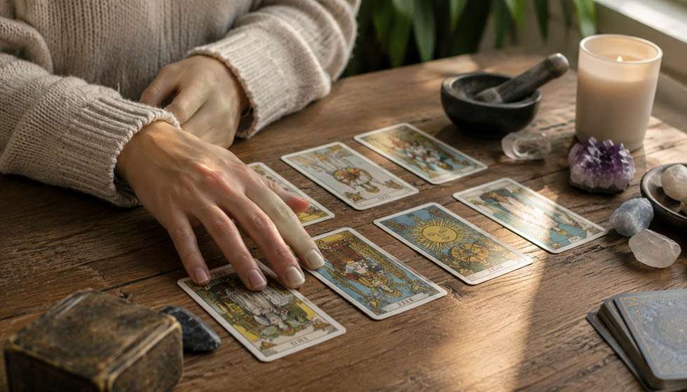 main observant des cartes de tarot sur une table